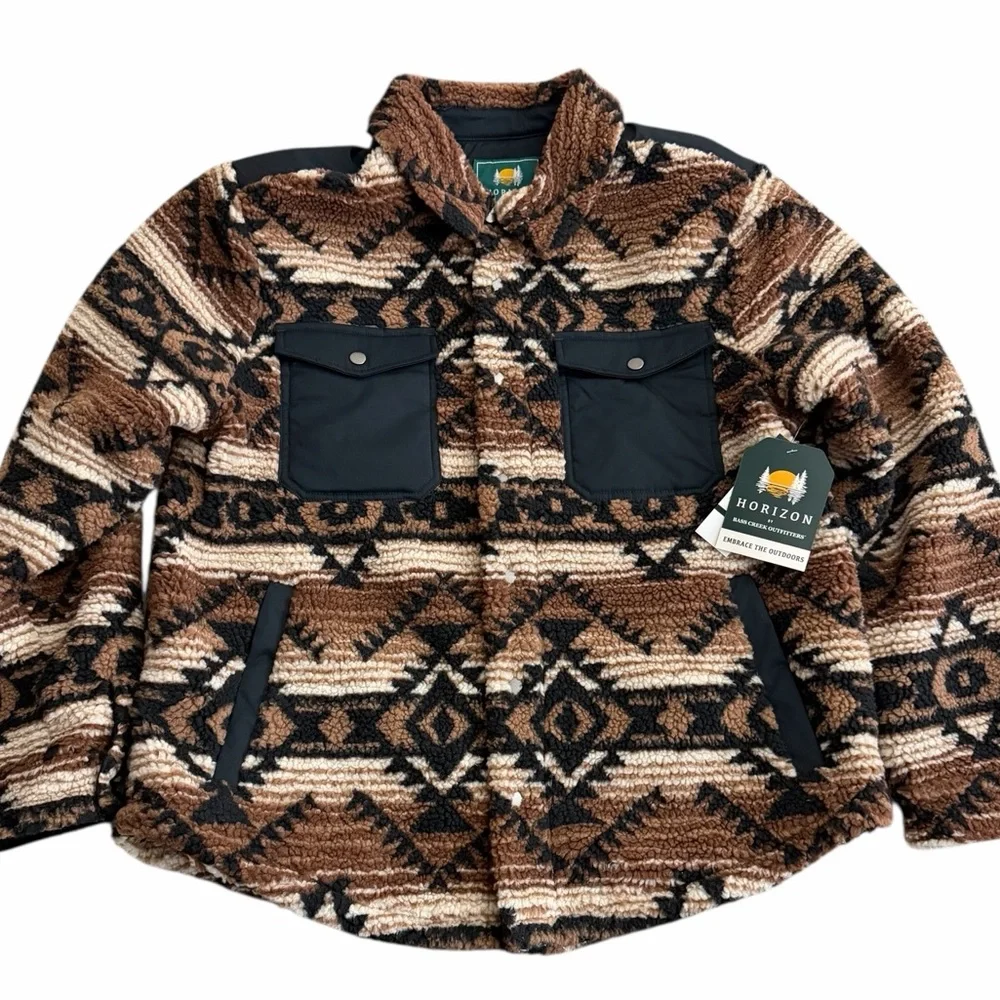 Horizon by Bass Creek Outfitters Sherpa Jacket Mens L Brown Aztec Fleece Shacket